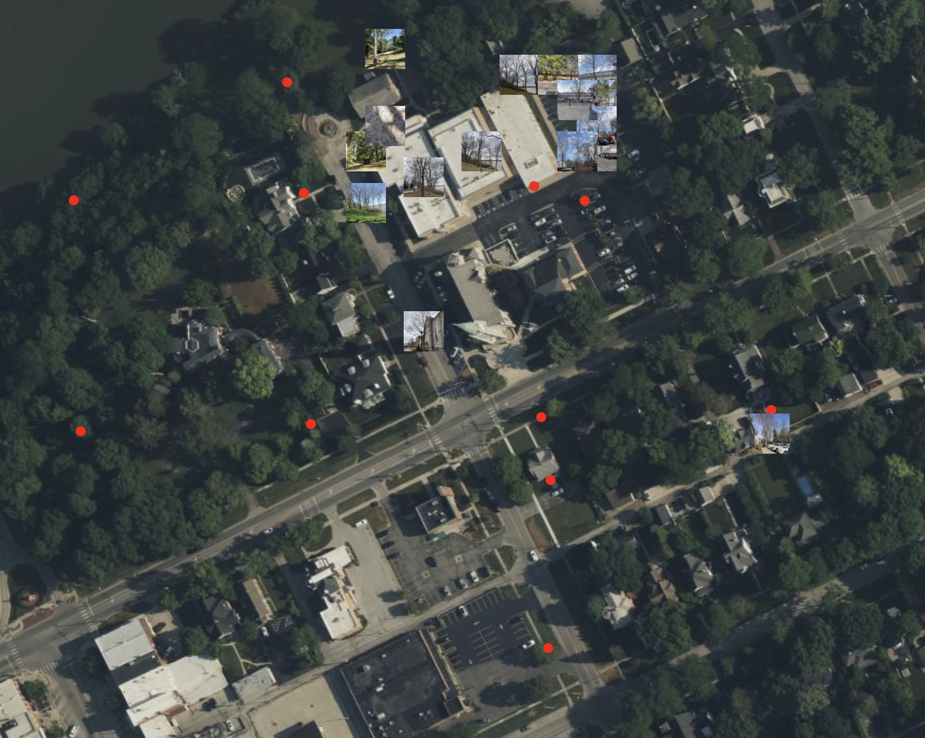 A birds-eye view of a neighborhood showing trees and buildings, including examples of trees observation images in different locations within the image