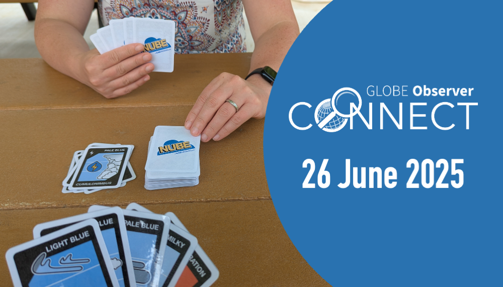 Title of GLOBE Connect June webinar with a person sitting at a table playing the NUBE card game